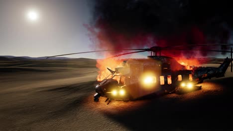 Helicóptero-Militar-Quemado-En-El-Desierto-Al-Atardecer